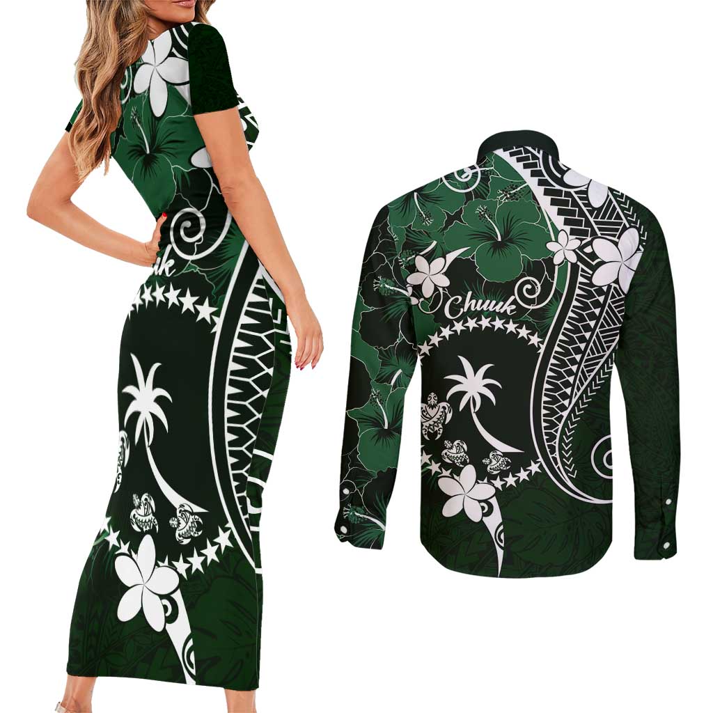 FSM Chuuk Couples Matching Short Sleeve Bodycon Dress and Long Sleeve Button Shirt Turtle Tropical Flowers Polynesian - Green