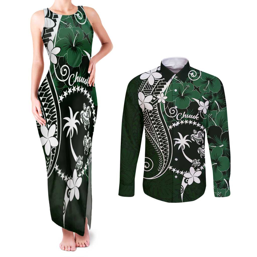 FSM Chuuk Couples Matching Tank Maxi Dress and Long Sleeve Button Shirt Turtle Tropical Flowers Polynesian - Green