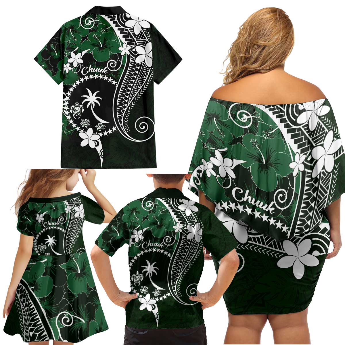 FSM Chuuk Family Matching Off Shoulder Short Dress and Hawaiian Shirt Turtle Tropical Flowers Polynesian - Green