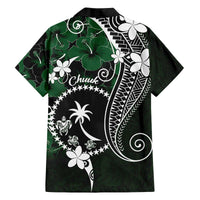FSM Chuuk Family Matching Off Shoulder Short Dress and Hawaiian Shirt Turtle Tropical Flowers Polynesian - Green
