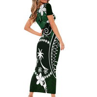 FSM Chuuk Family Matching Short Sleeve Bodycon Dress and Hawaiian Shirt Turtle Tropical Flowers Polynesian - Green
