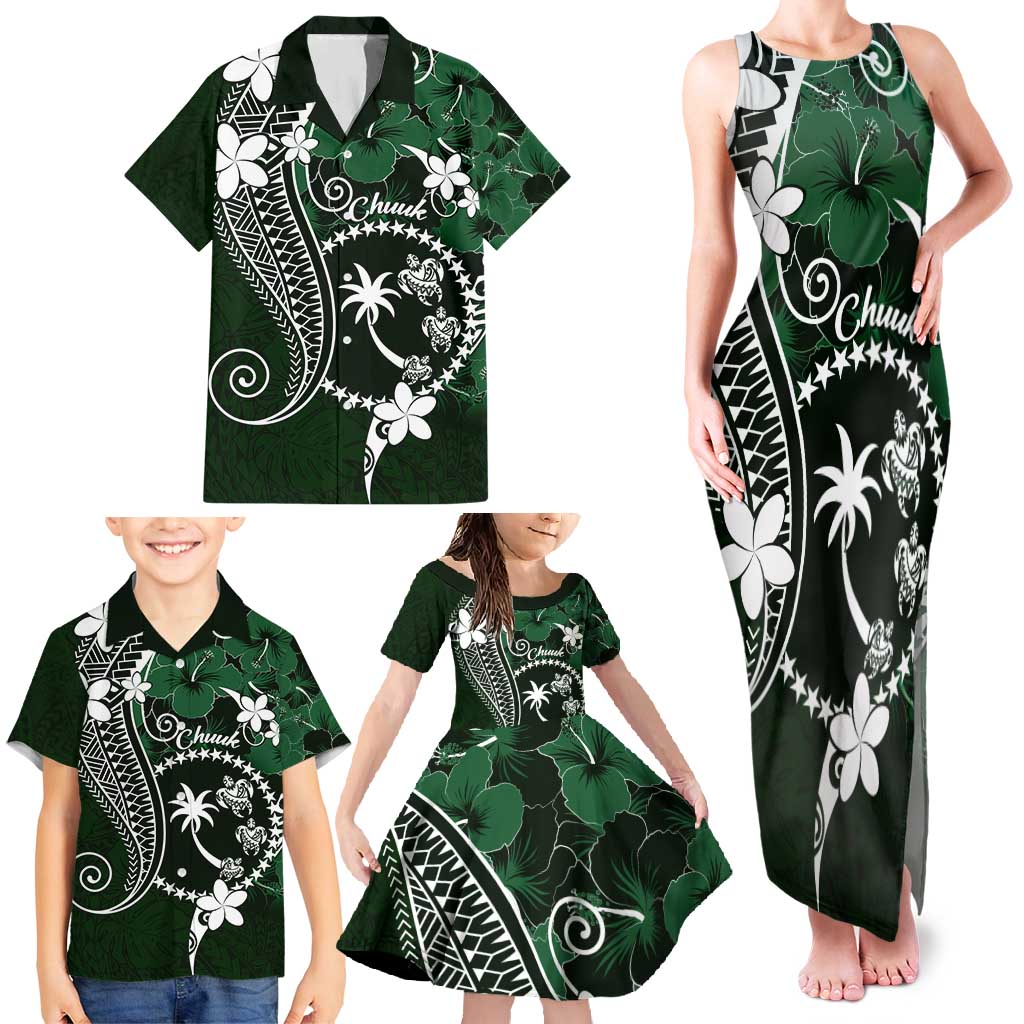 FSM Chuuk Family Matching Tank Maxi Dress and Hawaiian Shirt Turtle Tropical Flowers Polynesian - Green