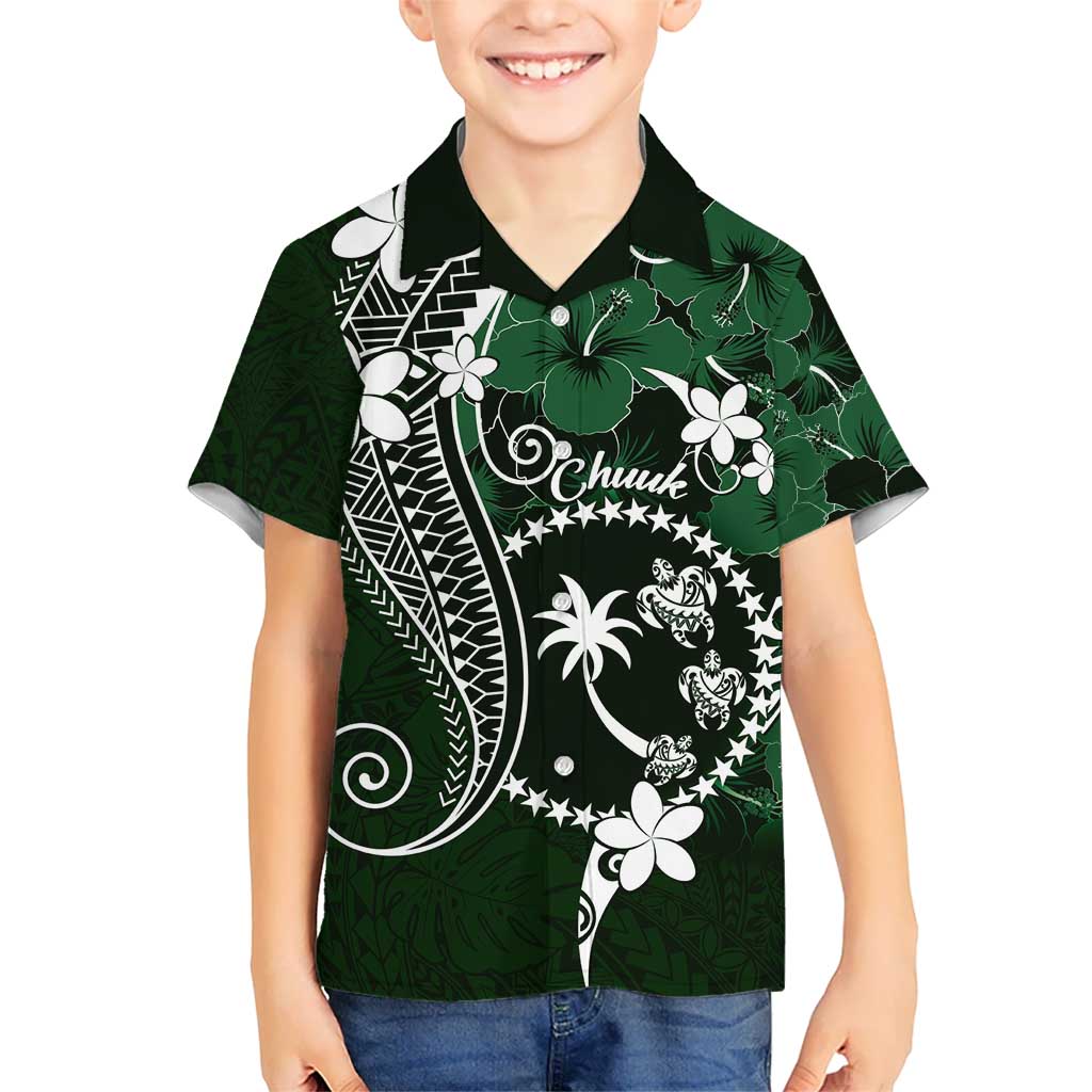 FSM Chuuk Kid Hawaiian Shirt Turtle Tropical Flowers Polynesian - Green