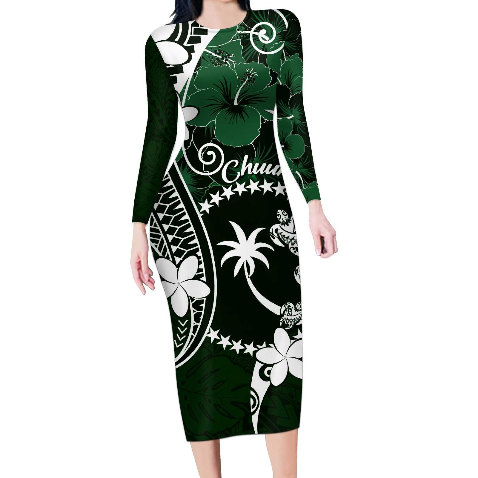 FSM Chuuk Long Sleeve Bodycon Dress Turtle Tropical Flowers Polynesian - Green