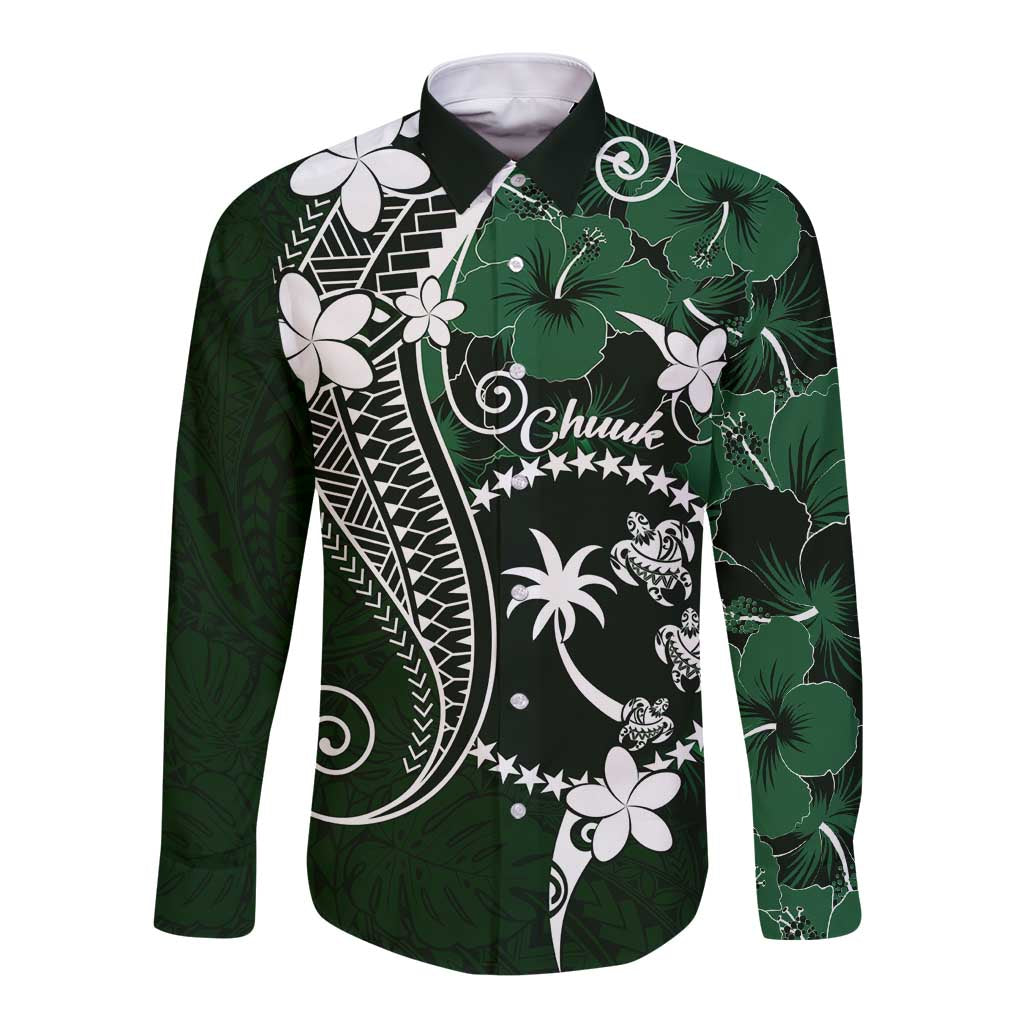 FSM Chuuk Long Sleeve Button Shirt Turtle Tropical Flowers Polynesian - Green