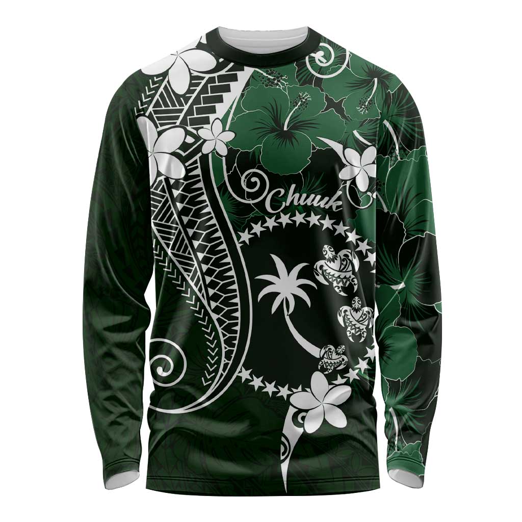 FSM Chuuk Long Sleeve Shirt Turtle Tropical Flowers Polynesian - Green