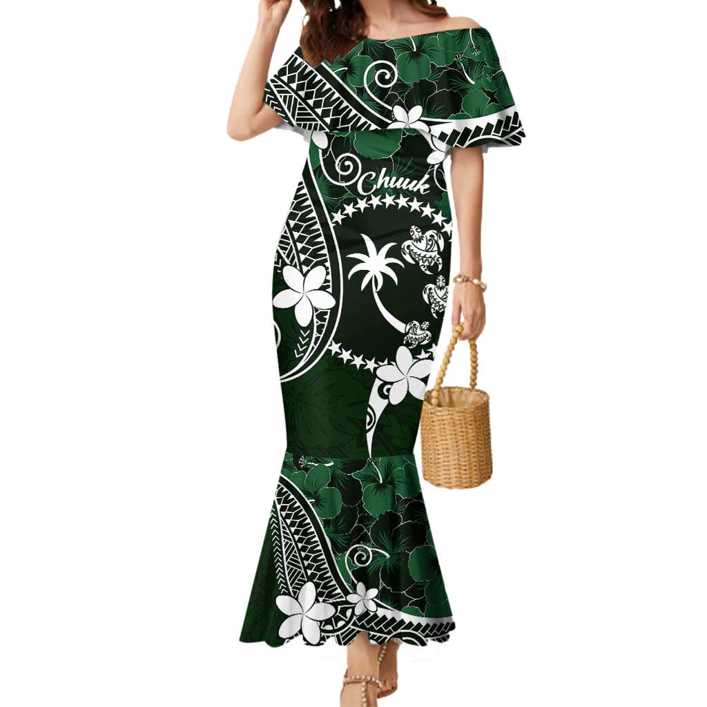 FSM Chuuk Mermaid Dress Turtle Tropical Flowers Polynesian - Green