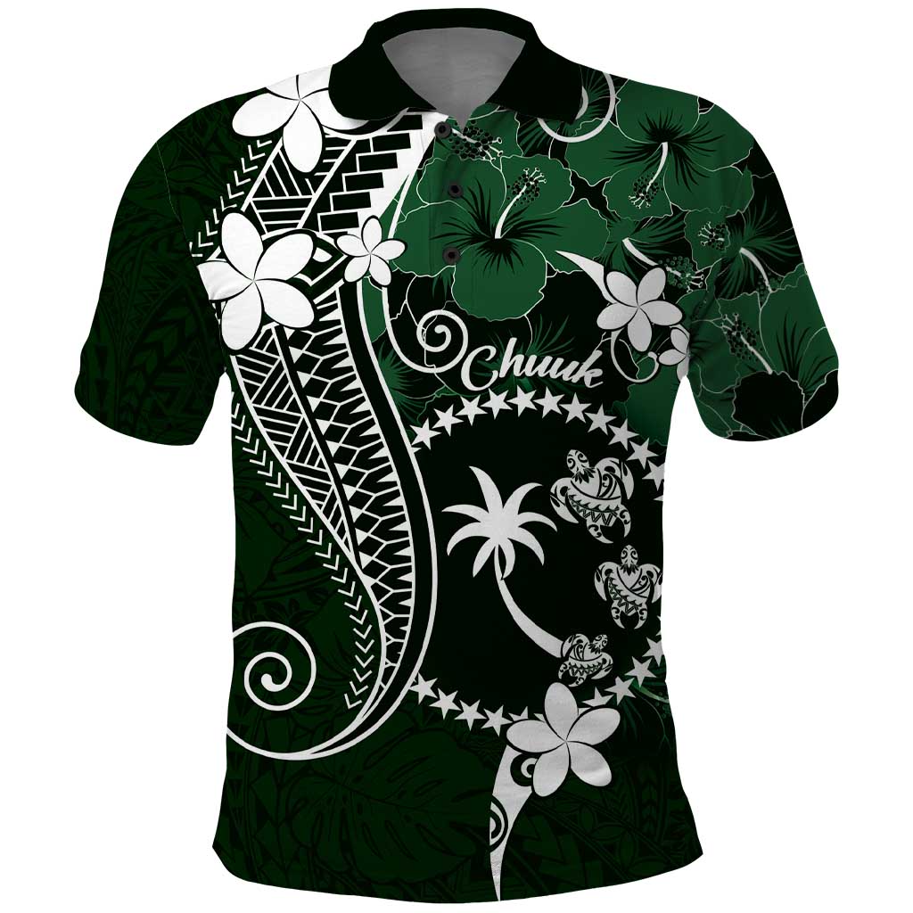 FSM Chuuk Polo Shirt Turtle Tropical Flowers Polynesian - Green