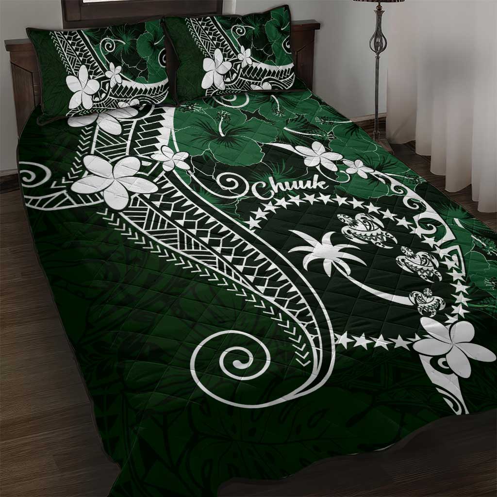 FSM Chuuk Quilt Bed Set Turtle Tropical Flowers Polynesian - Green LT14 Green - Polynesian Pride
