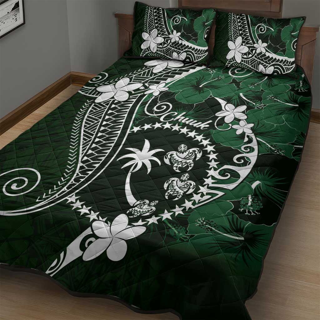 FSM Chuuk Quilt Bed Set Turtle Tropical Flowers Polynesian - Green LT14 - Polynesian Pride