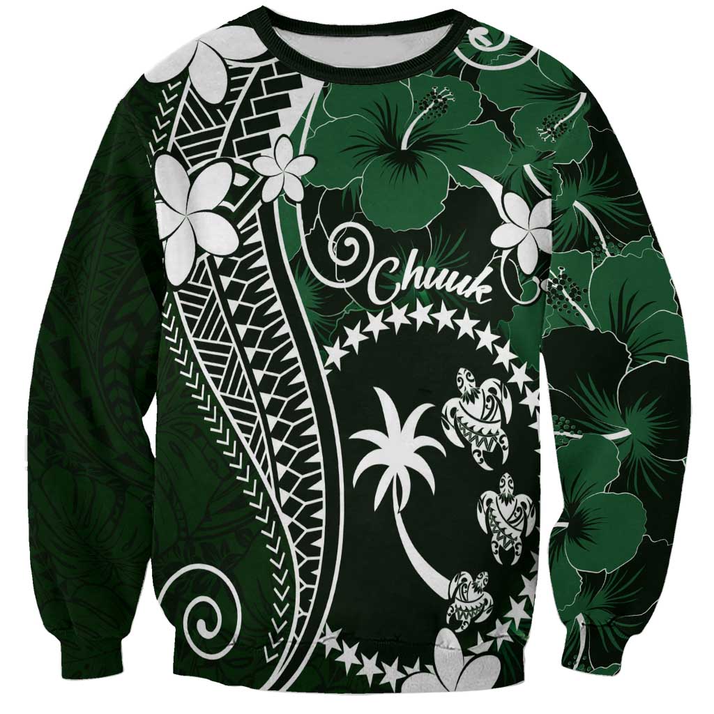 FSM Chuuk Sweatshirt Turtle Tropical Flowers Polynesian - Green