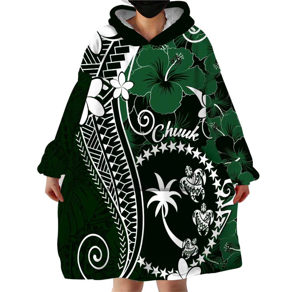 FSM Chuuk Wearable Blanket Hoodie Turtle Tropical Flowers Polynesian - Green