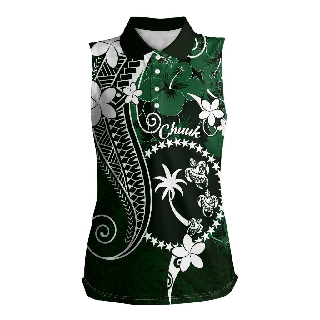 FSM Chuuk Women Sleeveless Polo Shirt Turtle Tropical Flowers Polynesian - Green