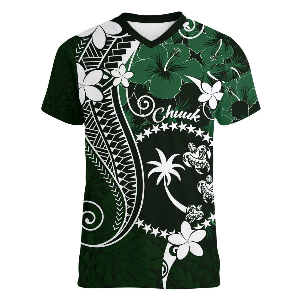 FSM Chuuk Women V-Neck T-Shirt Turtle Tropical Flowers Polynesian - Green