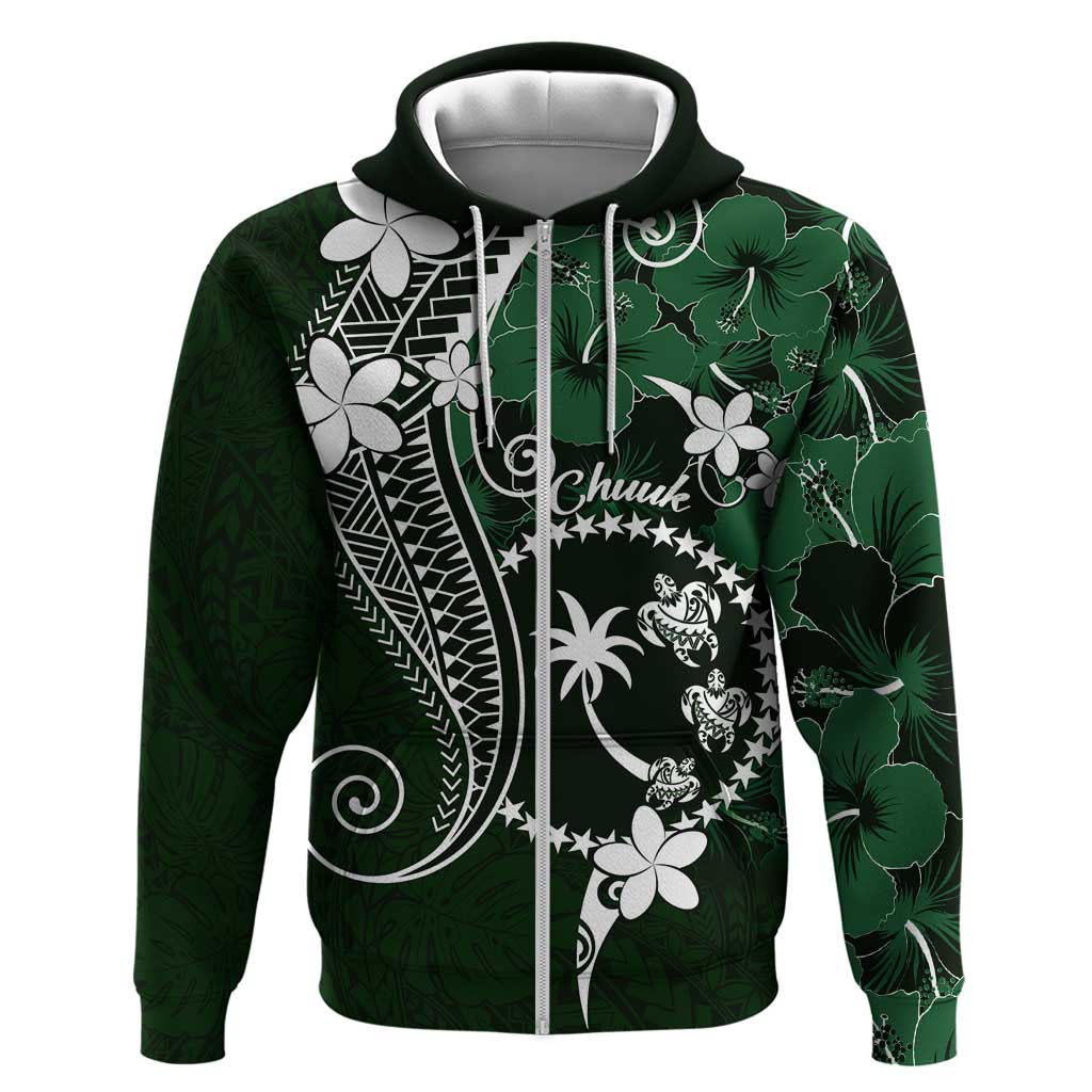 FSM Chuuk Zip Hoodie Turtle Tropical Flowers Polynesian - Green