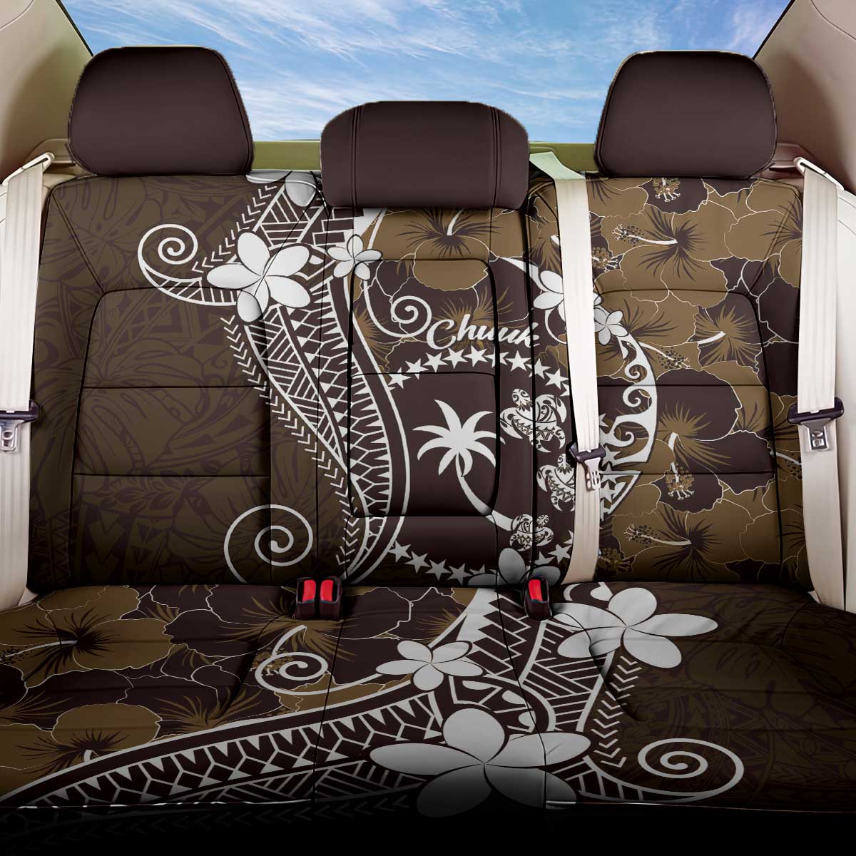 FSM Chuuk Back Car Seat Cover Turtle Tropical Flowers Polynesian - Brown