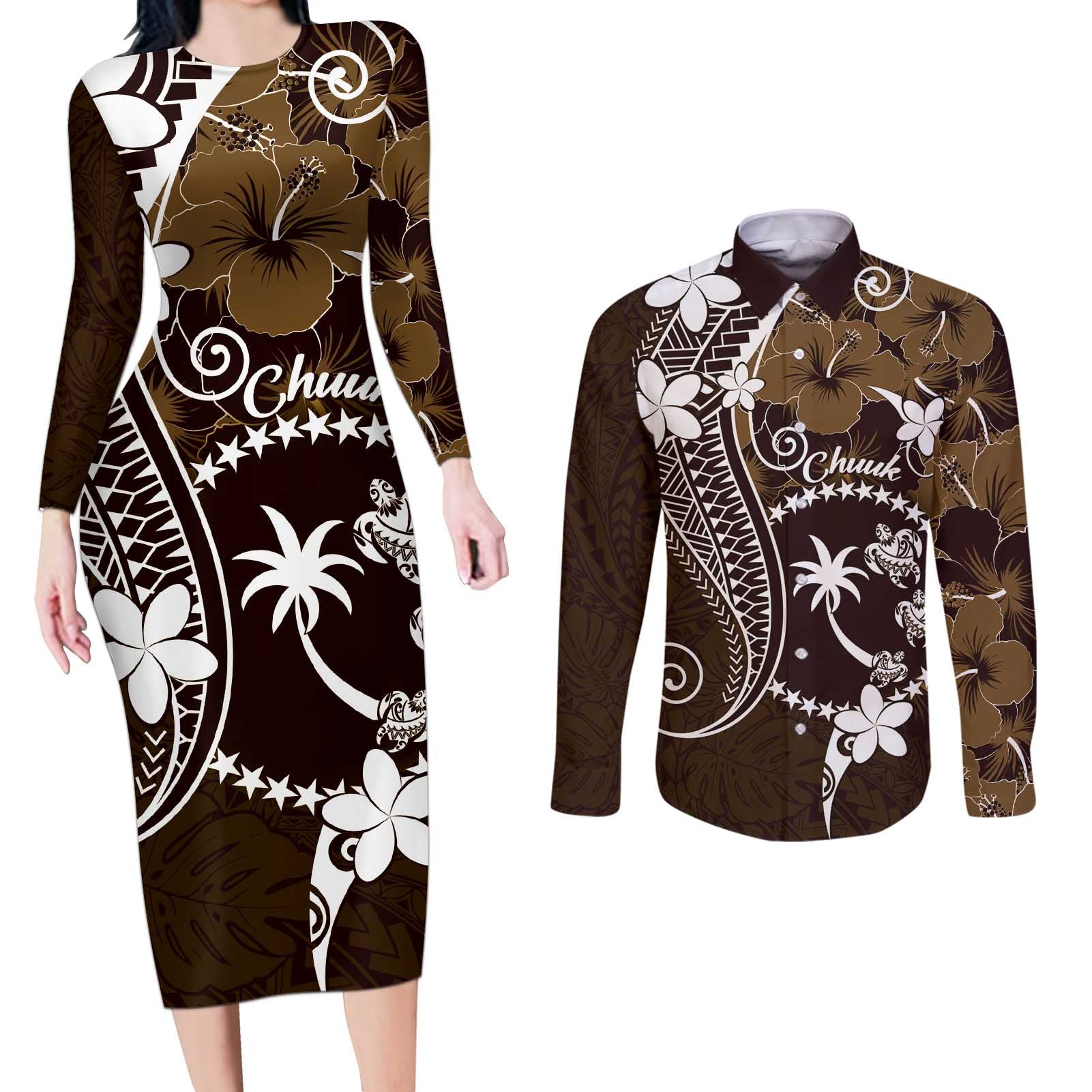 FSM Chuuk Couples Matching Long Sleeve Bodycon Dress and Long Sleeve Button Shirt Turtle Tropical Flowers Polynesian - Brown