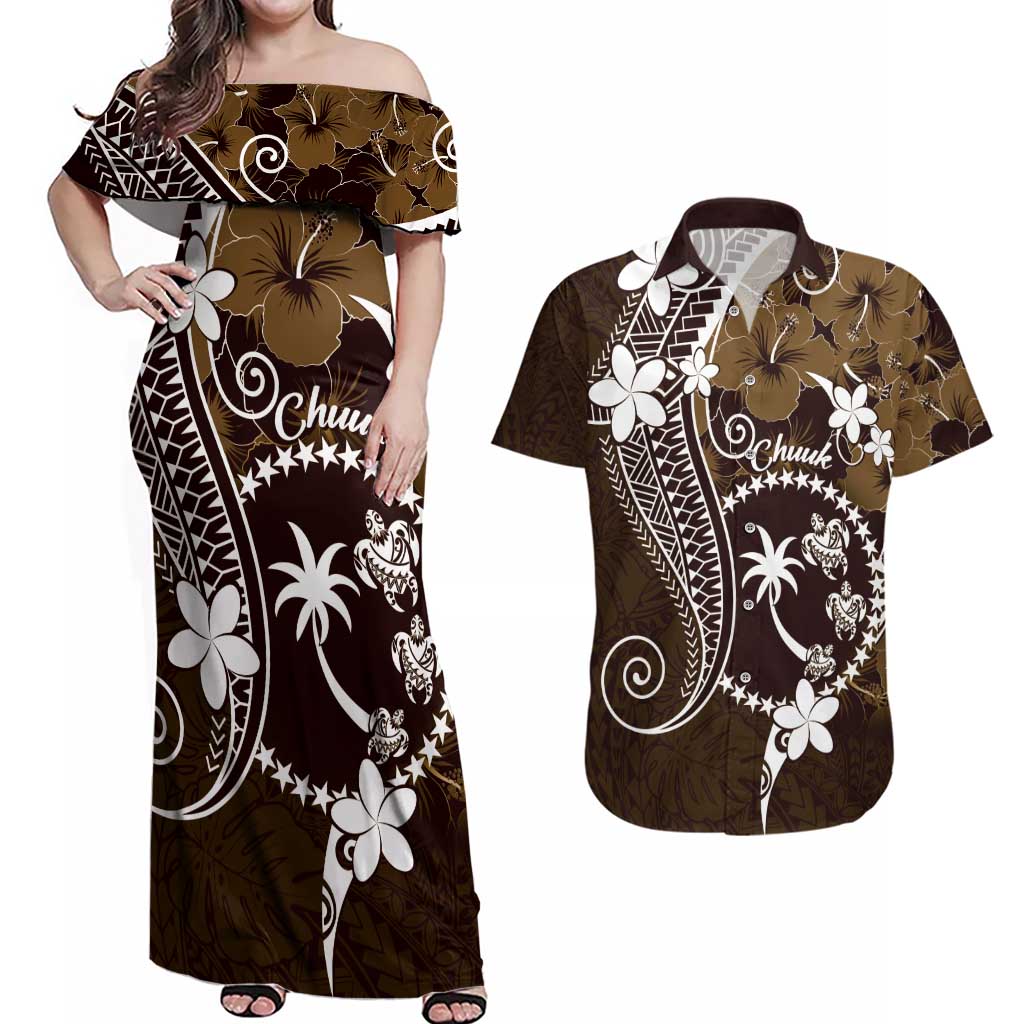 FSM Chuuk Couples Matching Off Shoulder Maxi Dress and Hawaiian Shirt Turtle Tropical Flowers Polynesian - Brown