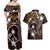 FSM Chuuk Couples Matching Off Shoulder Maxi Dress and Hawaiian Shirt Turtle Tropical Flowers Polynesian - Brown