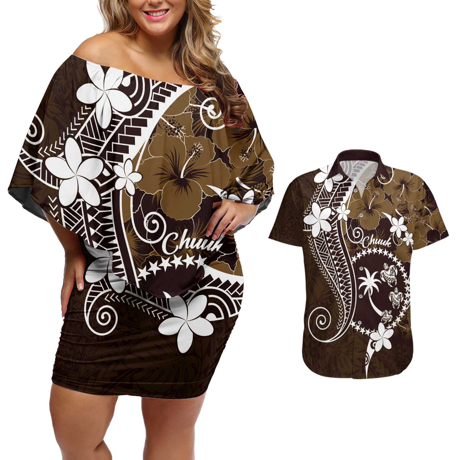 FSM Chuuk Couples Matching Off Shoulder Short Dress and Hawaiian Shirt Turtle Tropical Flowers Polynesian - Brown