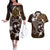 FSM Chuuk Couples Matching Off The Shoulder Long Sleeve Dress and Hawaiian Shirt Turtle Tropical Flowers Polynesian - Brown