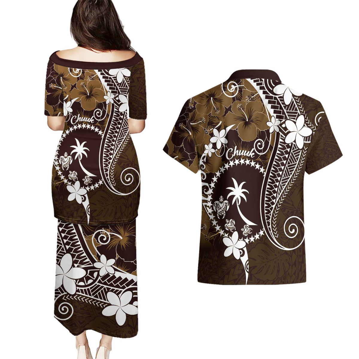 FSM Chuuk Couples Matching Puletasi and Hawaiian Shirt Turtle Tropical Flowers Polynesian - Brown