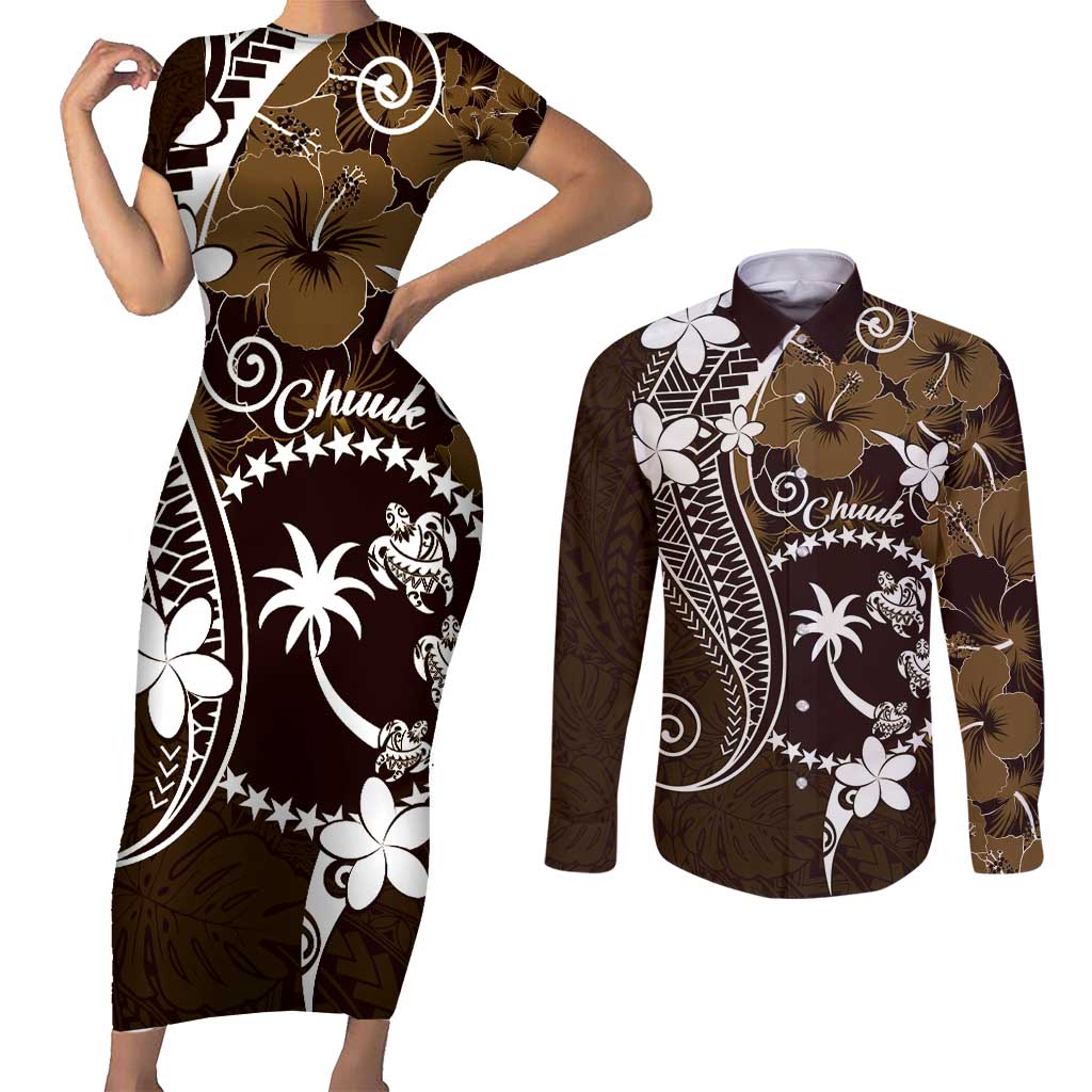 FSM Chuuk Couples Matching Short Sleeve Bodycon Dress and Long Sleeve Button Shirt Turtle Tropical Flowers Polynesian - Brown