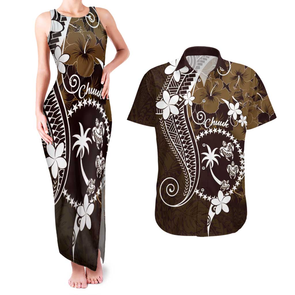 FSM Chuuk Couples Matching Tank Maxi Dress and Hawaiian Shirt Turtle Tropical Flowers Polynesian - Brown