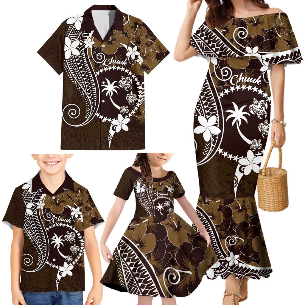 FSM Chuuk Family Matching Mermaid Dress and Hawaiian Shirt Turtle Tropical Flowers Polynesian - Brown