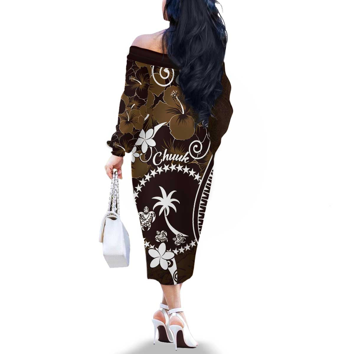 FSM Chuuk Family Matching Off The Shoulder Long Sleeve Dress and Hawaiian Shirt Turtle Tropical Flowers Polynesian - Brown