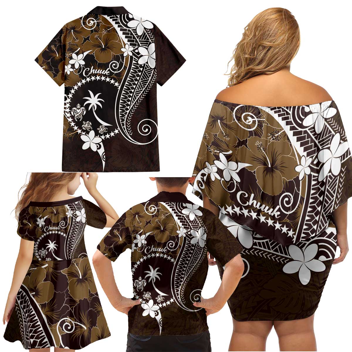 FSM Chuuk Family Matching Off Shoulder Short Dress and Hawaiian Shirt Turtle Tropical Flowers Polynesian - Brown