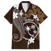 FSM Chuuk Family Matching Off Shoulder Short Dress and Hawaiian Shirt Turtle Tropical Flowers Polynesian - Brown