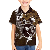 FSM Chuuk Family Matching Off Shoulder Short Dress and Hawaiian Shirt Turtle Tropical Flowers Polynesian - Brown