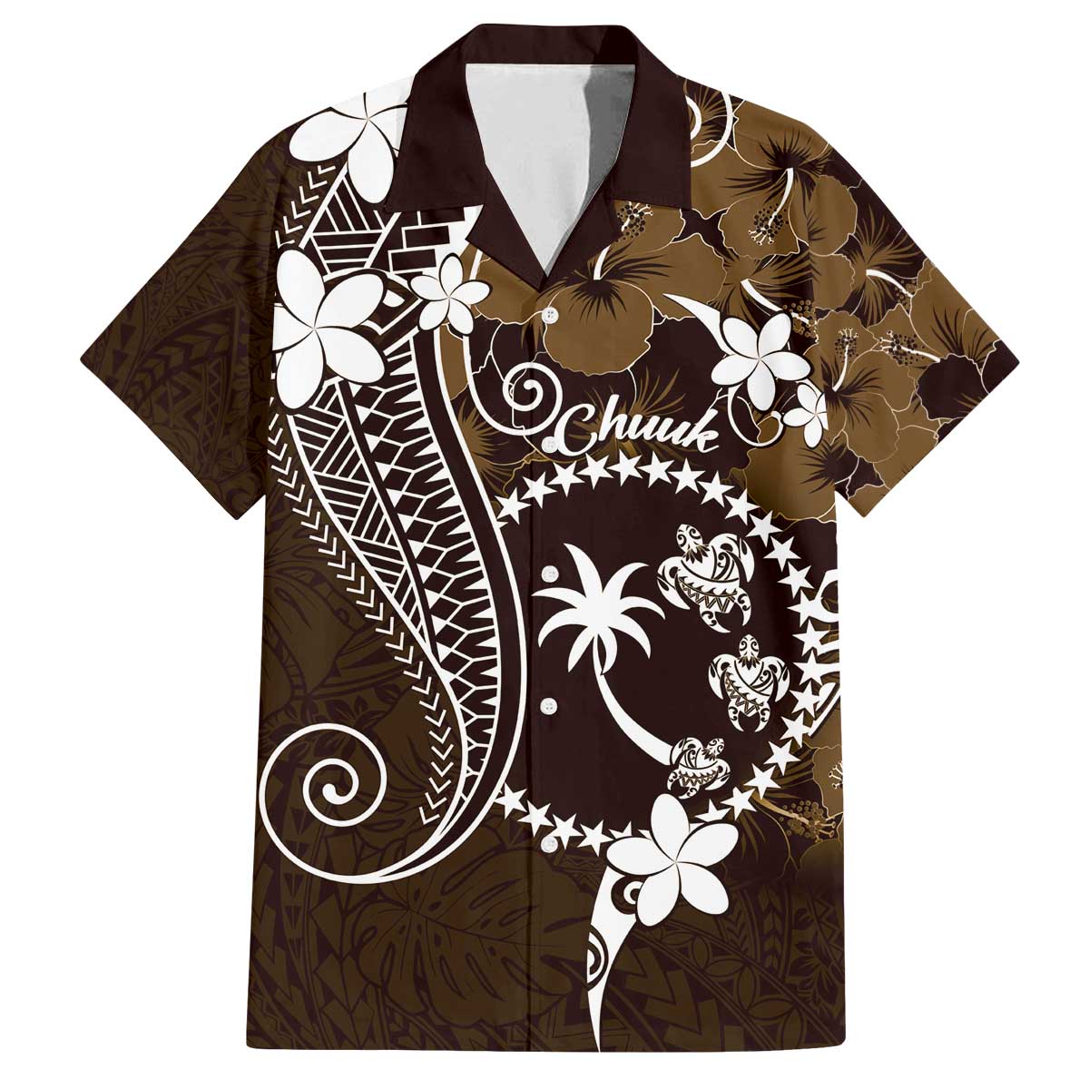 FSM Chuuk Family Matching Puletasi and Hawaiian Shirt Turtle Tropical Flowers Polynesian - Brown