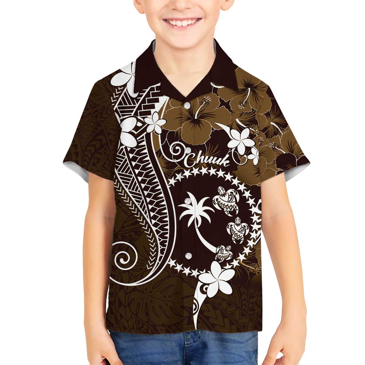 FSM Chuuk Family Matching Puletasi and Hawaiian Shirt Turtle Tropical Flowers Polynesian - Brown