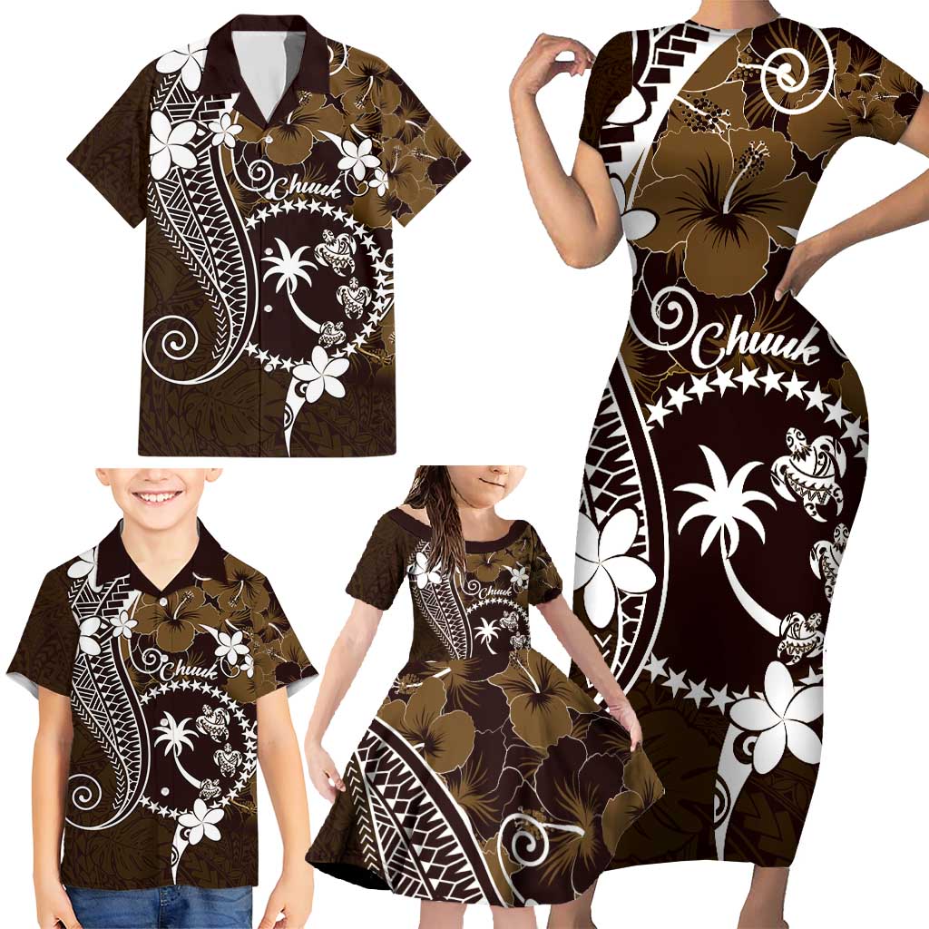 FSM Chuuk Family Matching Short Sleeve Bodycon Dress and Hawaiian Shirt Turtle Tropical Flowers Polynesian - Brown