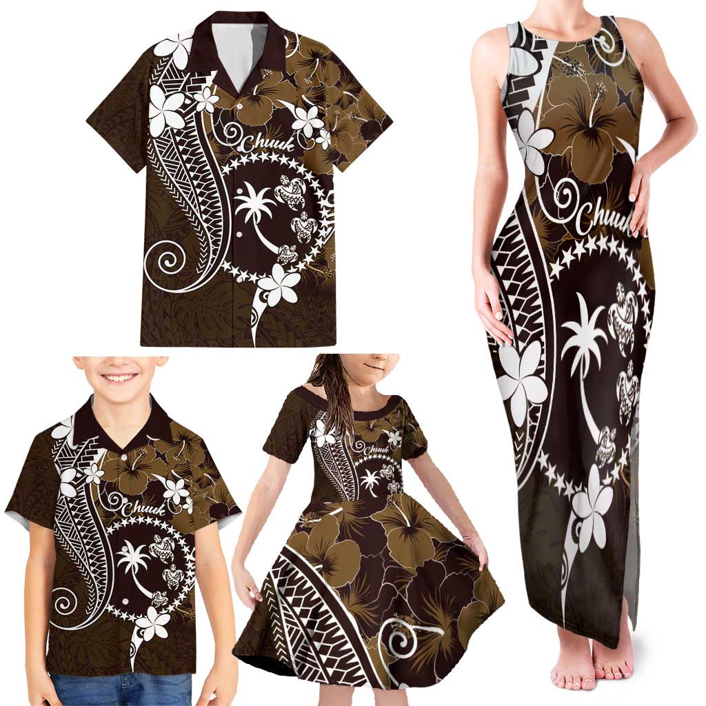 FSM Chuuk Family Matching Tank Maxi Dress and Hawaiian Shirt Turtle Tropical Flowers Polynesian - Brown