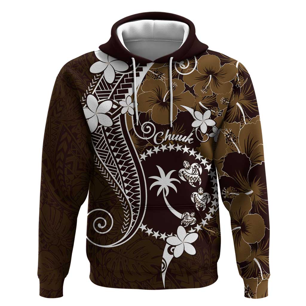 FSM Chuuk Hoodie Turtle Tropical Flowers Polynesian - Brown