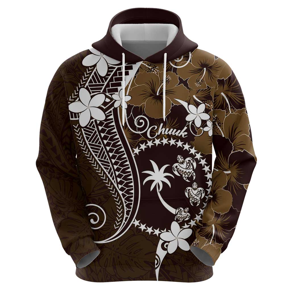 FSM Chuuk Hoodie Turtle Tropical Flowers Polynesian - Brown