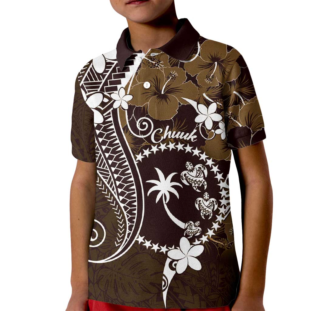 FSM Chuuk Kid Polo Shirt Turtle Tropical Flowers Polynesian - Brown