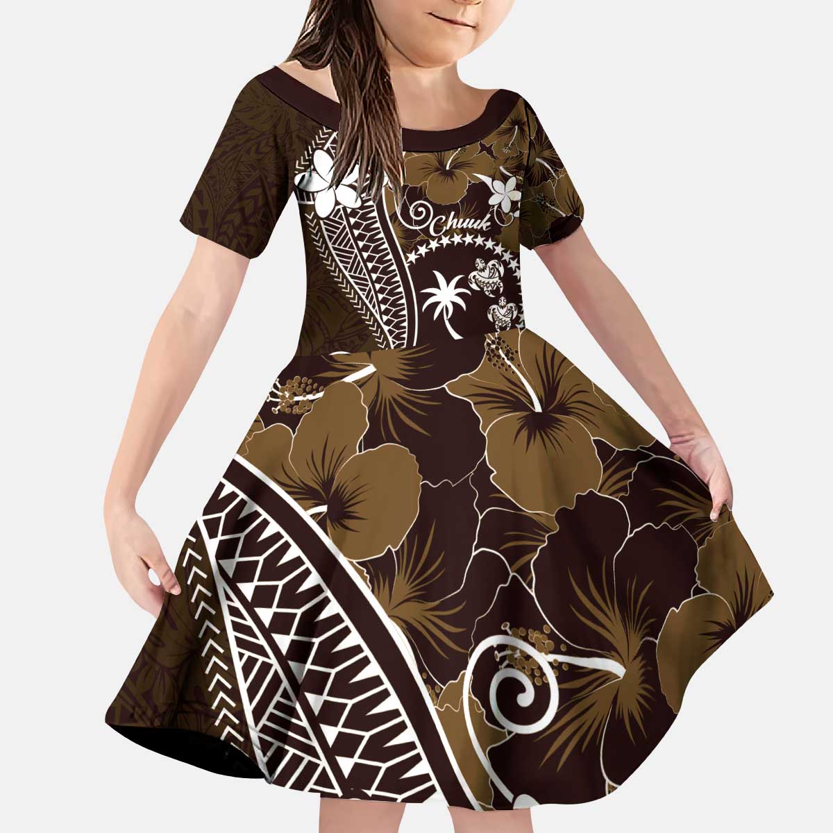 FSM Chuuk Kid Short Sleeve Dress Turtle Tropical Flowers Polynesian - Brown