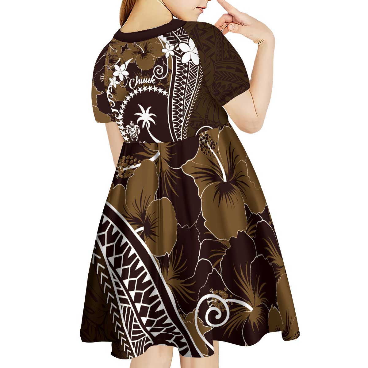 FSM Chuuk Kid Short Sleeve Dress Turtle Tropical Flowers Polynesian - Brown