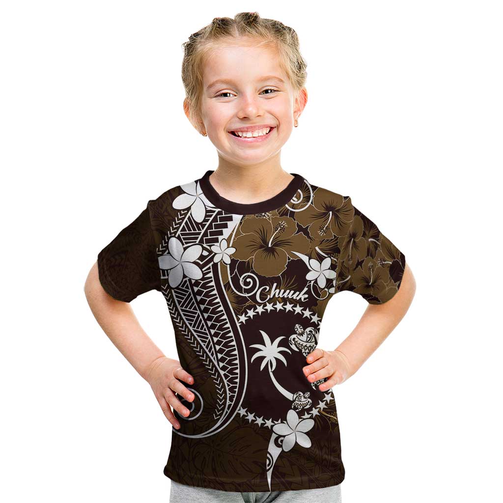 FSM Chuuk Kid T Shirt Turtle Tropical Flowers Polynesian - Brown