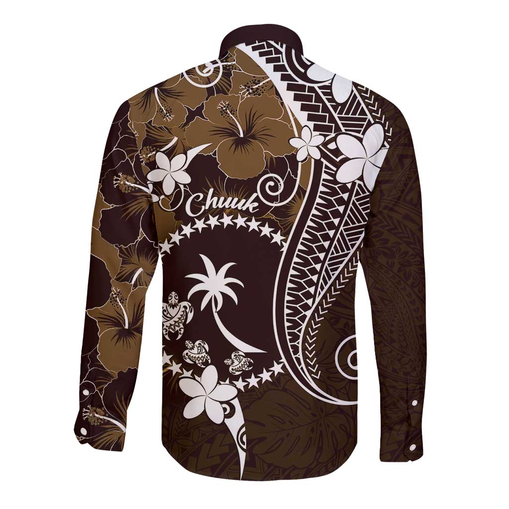 FSM Chuuk Long Sleeve Button Shirt Turtle Tropical Flowers Polynesian - Brown