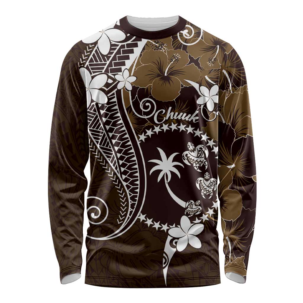 FSM Chuuk Long Sleeve Shirt Turtle Tropical Flowers Polynesian - Brown