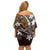 FSM Chuuk Off Shoulder Short Dress Turtle Tropical Flowers Polynesian - Brown