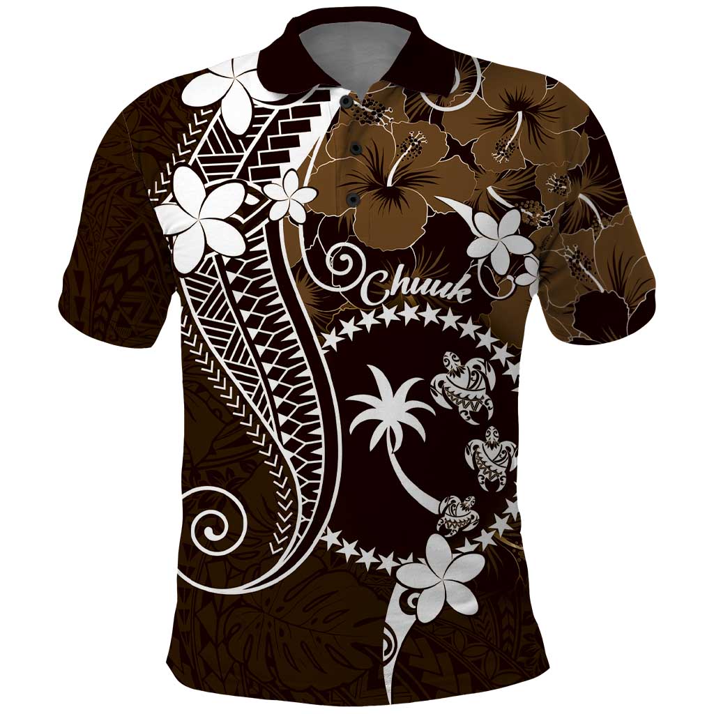 FSM Chuuk Polo Shirt Turtle Tropical Flowers Polynesian - Brown