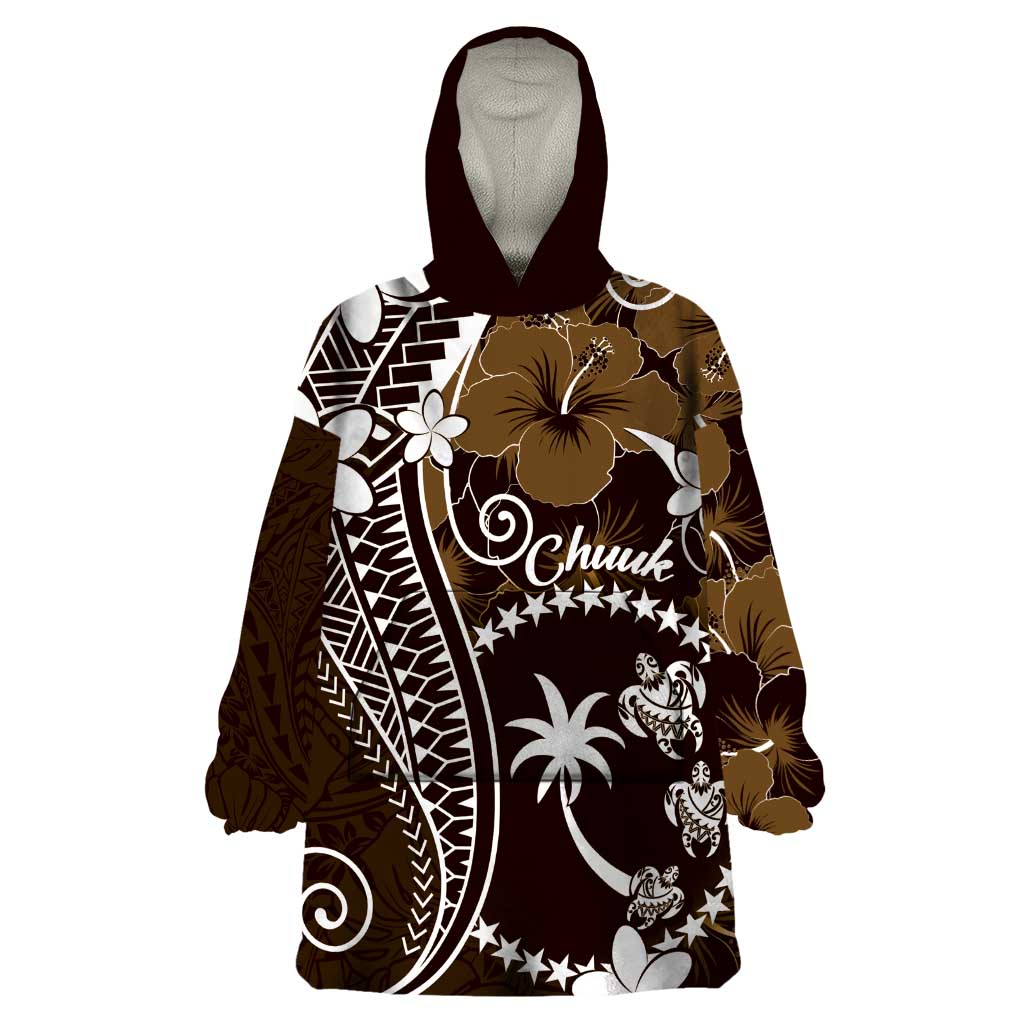 FSM Chuuk Wearable Blanket Hoodie Turtle Tropical Flowers Polynesian - Brown