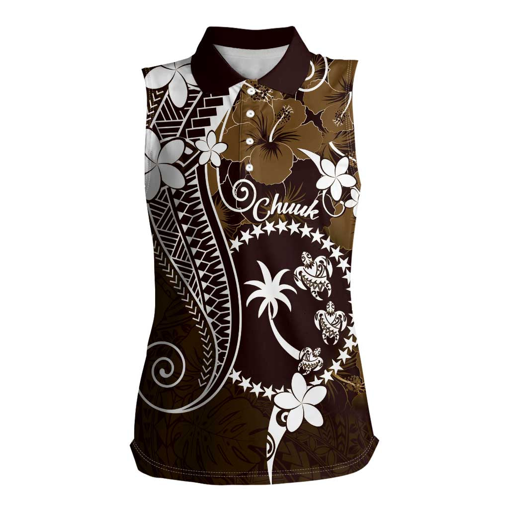 FSM Chuuk Women Sleeveless Polo Shirt Turtle Tropical Flowers Polynesian - Brown