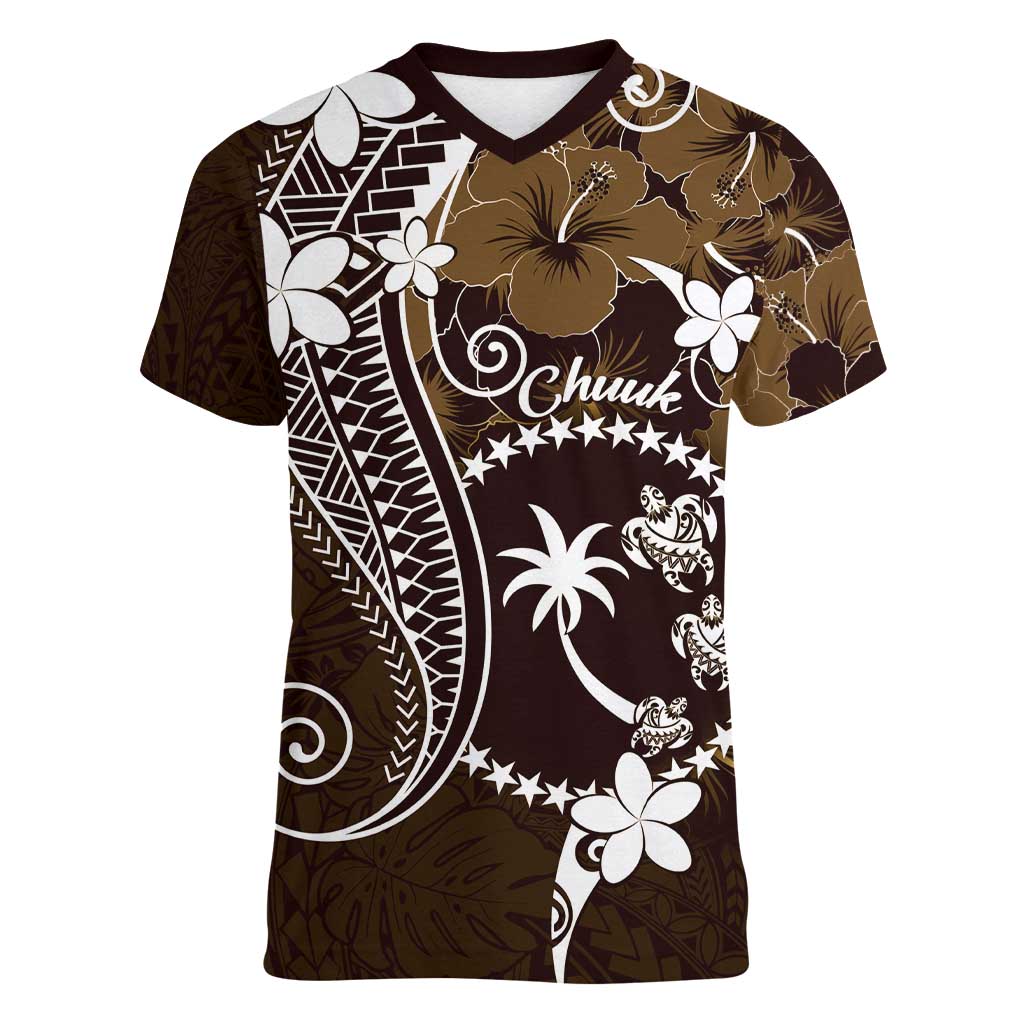 FSM Chuuk Women V-Neck T-Shirt Turtle Tropical Flowers Polynesian - Brown